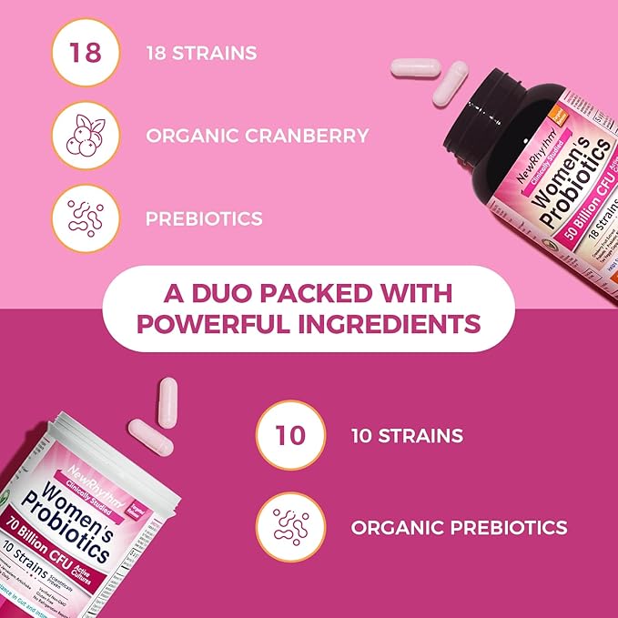 NewRhythm Women’s Probiotics Bundle, Women's Probiotics 50 Billion CFU & Women's Probiotics 70 Billion CFU, Daily Gut Support & Feminine Care, Vaginal & Urinary Health (Pack of 2)