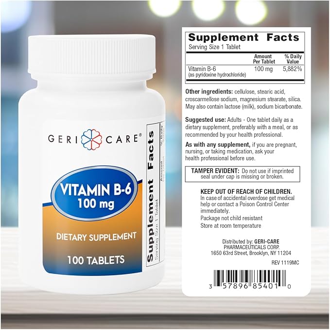 GeriCare Vitamin B-6 100mg, 100 Tablets – Daily Nutritional Support for Healthy Brain Function, Mood Enhancement, Circulatory Health & Metabolism – Helps Combat Fatigue & Promote Overall Wellness