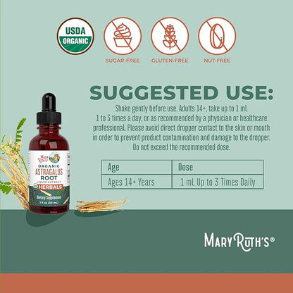 MaryRuth Organics Astragalus Root, Sugar-Free, USDA Organic, Astragalus Extract for Immune Support and Focus, Herbal Liquid Drops, Non-GMO, Vegan, 1 Fl Oz