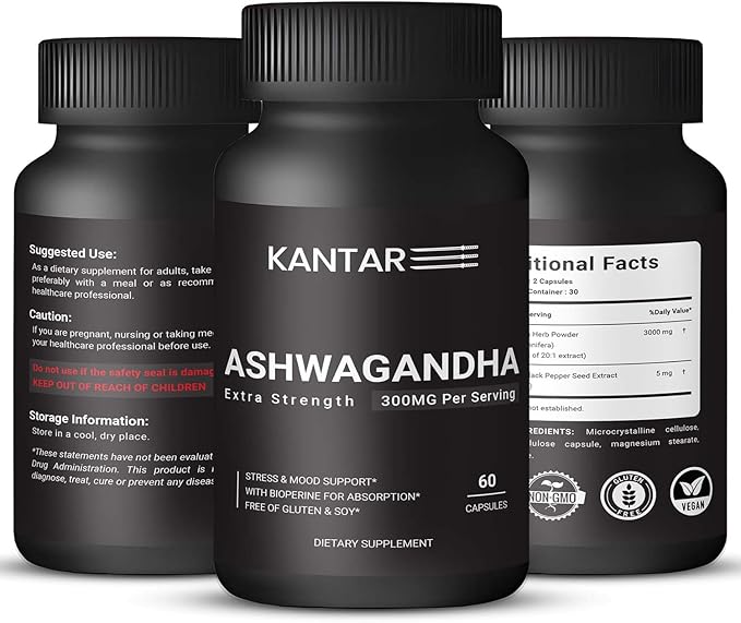 KANTAR Organic Ashwagandha Capsules 3000mg for Extra Strength, Stress & Mood, Focus and Energy Support Supplement Support with BioPerine for Absorption Free of Gluten and SOYA - 60 Capsules