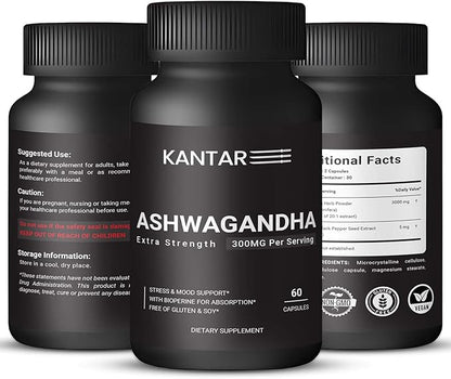 KANTAR Organic Ashwagandha Capsules 3000mg for Extra Strength, Stress & Mood, Focus and Energy Support Supplement Support with BioPerine for Absorption Free of Gluten and SOYA - 60 Capsules