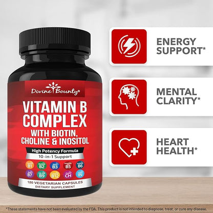 Divine Bounty Super B Complex Vitamins - All B Vitamins Including B12, B1, B2, B3, B5, B6, B7, B9, Folic Acid - Vitamin B Supplement - Support Healthy Energy Metabolism - 180 Vegetarian Capsules