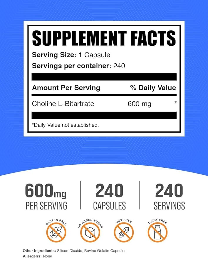 BulkSupplements.com Choline Bitartrate Capsules - Choline Supplements, as Choline L-Bitartrate - Choline 600mg, 2 Capsules per Serving, 240 Capsules (Pack of 1)