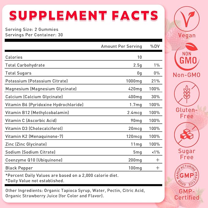 Potassium Magnesium Gummies for Men & Women, Potassium Magnesium Supplement for Leg Cramps, Muscle Health, & Electrolyte Balance, Strawberry Flavor, 60 Gummies