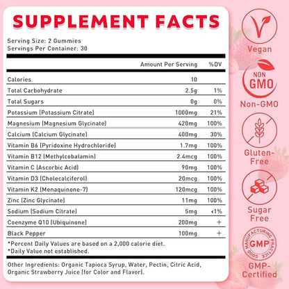 Potassium Magnesium Gummies for Men & Women, Potassium Magnesium Supplement for Leg Cramps, Muscle Health, & Electrolyte Balance, Strawberry Flavor, 60 Gummies