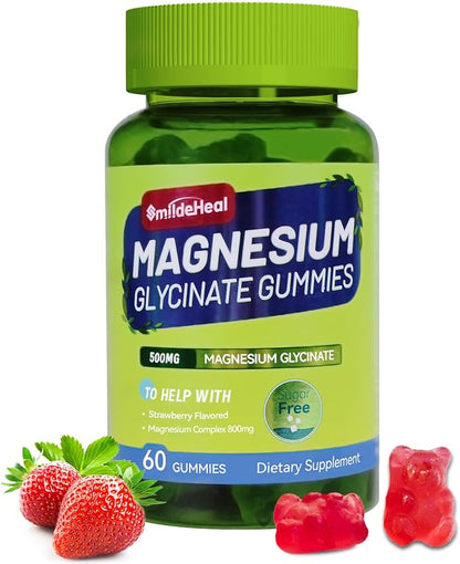Magnesium Glycinate Gummies 500mg with L-Threonine 300mg - Sugar-Free Magnesium Potassium Supplement with Vitamin D, B6, CoQ10 - Strawberry Flavored - 60 Gummies