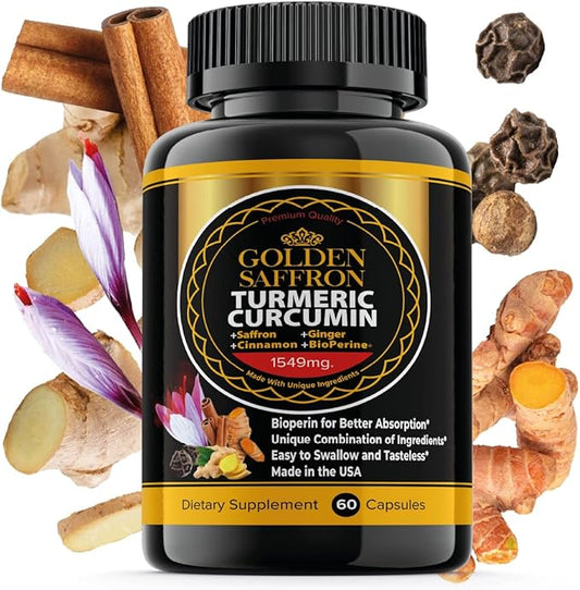 GOLDEN SAFFRON Turmeric Curcumin Supplement with Bioperine, Saffron, Cinnamon, and Ginger - High Potency, Non-GMO, Gluten-Free Supplement for a Better Effectiveness. Made in USA