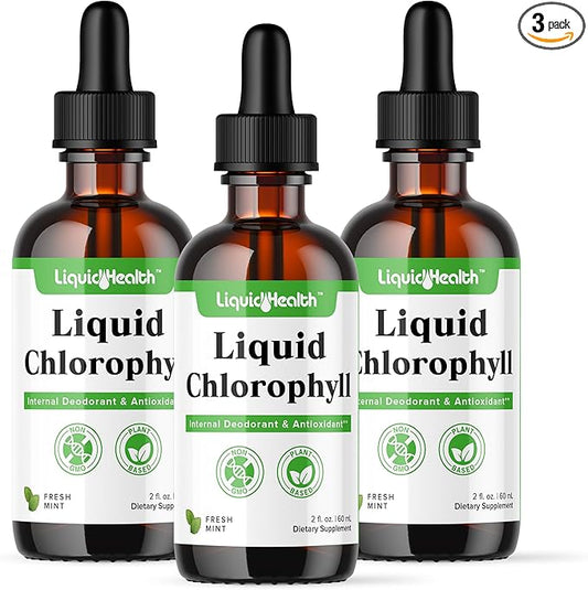 LIQUIDHEALTH Liquid Chlorophyll Drops - Internal Deodorizer, Antioxidants, Liver Detox, Immune Support, Relieve Bad Breath, Reduce Appetite, Collagen for Hair & Skin Health - Vegan, Non-GMO (3 Pack)