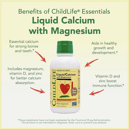 CHILDLIFE ESSENTIALS Liquid Calcium Supplement for Kids - Baby Calcium with Magnesium, Zinc, and Vitamin D3 - Orange Flavor, 16 fl oz (4 Pack)