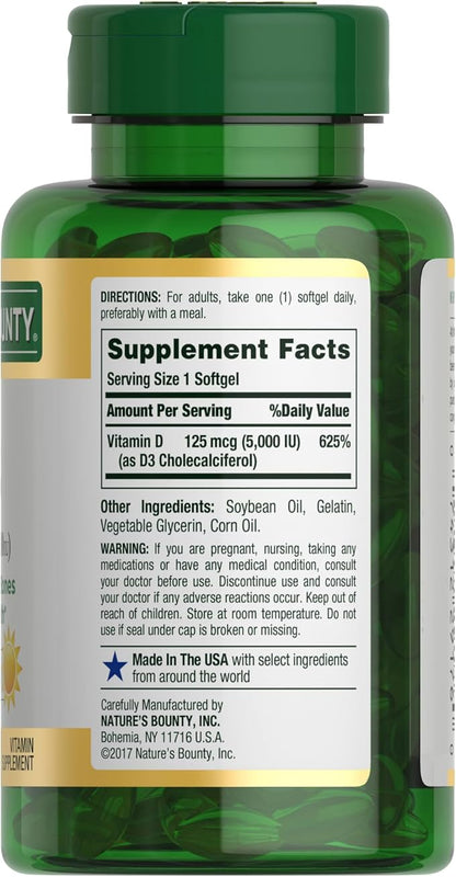 Nature's Bounty Vitamin D3 5000 IU Softgels, Rapid Release, Immune Support, Vitamin D Supplements, 240 Ct