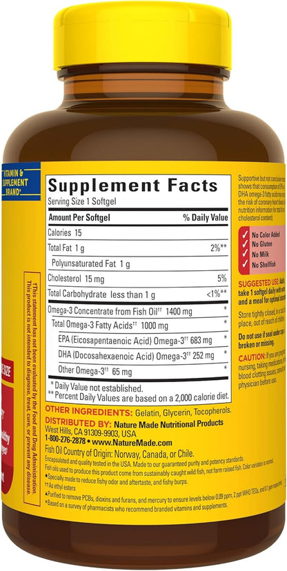 Nature Made Burp Less Ultra Omega 3 Fish Oil Supplements, 1400mg Fish Oil Omega 3 Supplements as Ethyl Esters for Healthy Heart Brain Eyes Support, One Per Day, 90 Softgels