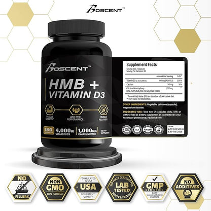 HMB and Vitamin D3 Supplement 1,000 MG (180 Capsules) - HMB supplements with 4,000 UI of D3 & Calcium - Muscle Growth, Strength & cure - B-Hydroxy B-Methylbutyrate Butyrate - Muscle Builder for Men