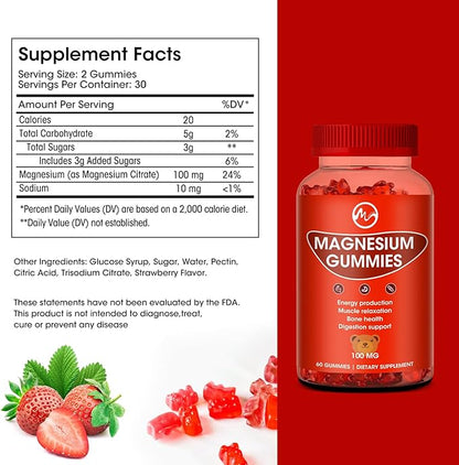 Magnesium Gummies 600mg High Strength - Fruity Flavors Gummy Bear, Healthy Mineral Supplements Promotes Muscle, Energy & Digestion