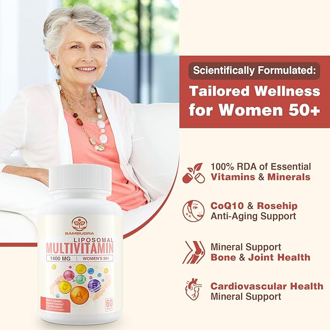 Liposomal Multivitamin for Women 50+ - Women Daily Multivitamin with 32 Ingredients, CoQ10, Vitamins C, B, D, E for Cardiovascular & Bone Health Support - Iron-Free (120 Capsules)