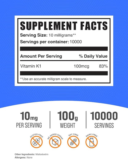 BulkSupplements.com Vitamin K1 Powder - 1%, Vitamin K Supplement, Vitamin K-1 100mcg - Gluten Free, 10mg per Serving, 100g (3.5 oz) (Pack of 1)