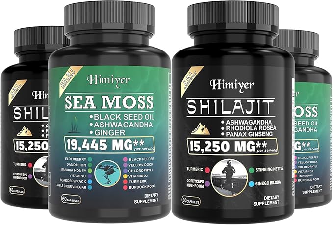 2pcs, Ultimate Wellness Bundle - Boost Energy, Immunity & Brain Function with 7000mg Sea Moss, 4000mg Black Seed Oil, 2000mg Ashwagandha, 9000mg Ginger & Shilajit, Vegan-Friendly Supplement