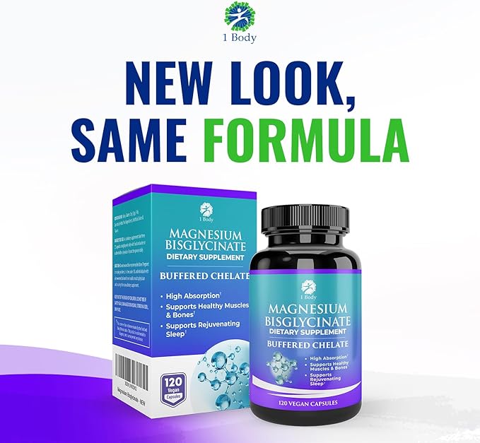 1 Body Magnesium Bisglycinate Supplement, 44 mg Pure Chelated Formula, 120 Capsules, Maximum Absorption, Muscle Cramp Relief