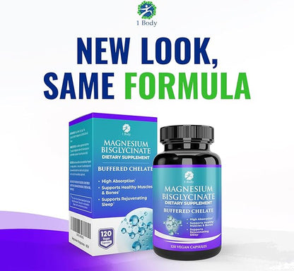 1 Body Magnesium Bisglycinate Supplement, 44 mg Pure Chelated Formula, 120 Capsules, Maximum Absorption, Muscle Cramp Relief