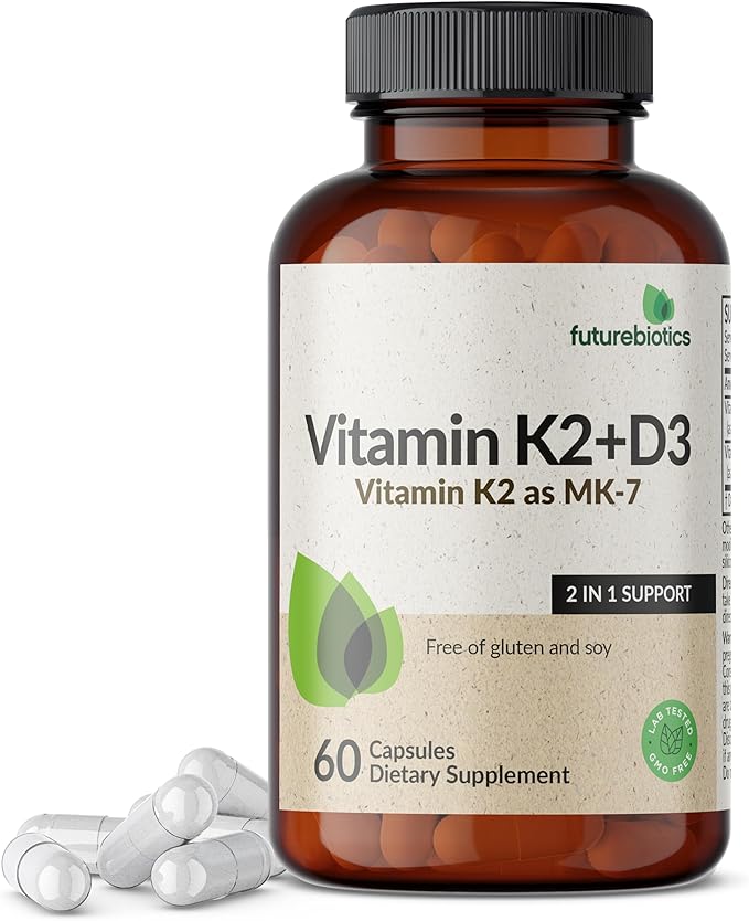 Futurebiotics Vitamin K2 (MK7) with D3 Supplement - Non-GMO Formula - 5000 IU Vitamin D3 & 90 mcg Vitamin K2 MK-7, 60 Vegetarian Capsules