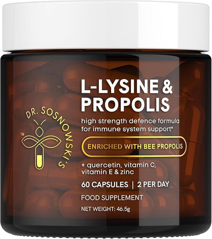 Dr Sosnowski's L-Lysine & Propolis Supplements | High Potency L Lysine Immune Support Formula with 5:1 Propolis Extract, Quercetin, VIT C, VIT E and Zinc