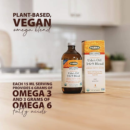 Flora - Udo's Oil DHA 3-6-9 Blend - Vegan Eye & Brain Health Supplement - Vegan Omega-3 & Omega-6 - Contains Sunflower & Flax Seed Oil - Kosher & Organic - Keep Chilled - 8.5 fl. oz.