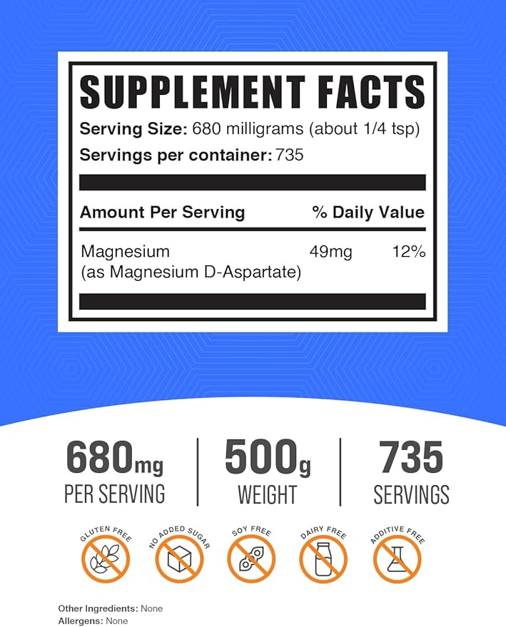 BulkSupplements.com Magnesium D-Aspartate Powder - Magnesium Supplement, High Absorption Magnesium - Gluten Free, 680mg (49mg of Magnesium) per Serving, 500g (1.1 lbs) (Pack of 1)