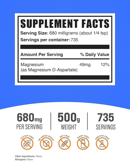 BulkSupplements.com Magnesium D-Aspartate Powder - Magnesium Supplement, High Absorption Magnesium - Gluten Free, 680mg (49mg of Magnesium) per Serving, 500g (1.1 lbs) (Pack of 1)
