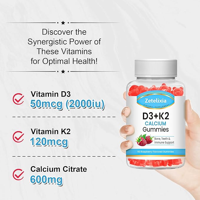 Sugar-Free Vitamin D3 K2 Gummies, Vitamin D3 2000 IU, K2 (MK7) 120mcg, Calcium 600 mg with Vitamin D3, Support B0ne & Immune Health, Vegan, Gluten Free, Raspberry Flavor, 60 Count