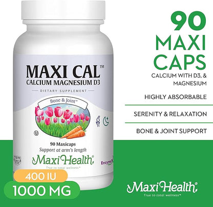 Maxi Health Calcium 1000 mg Supplement with Vitamin D3 (1000 IU) and Magnesium (500 mg) - Bone, Teeth and Joint Support for Men and Women - 90 Capsules
