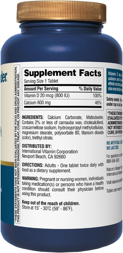 Nature's Wonder Calcium 600 mg with Vitamin D3 20 mcg for Bone Health, 220 Tablets
