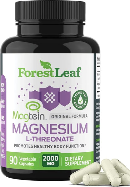 Forest Leaf Magnesium L-Threonate Magtein Capsules - 2000mg Magnesium Threonate Supplement Supports Cognitive Function, Focus, Brain, Deep Calm and Sleep for Men & Women | 90 Powder Veg Caps