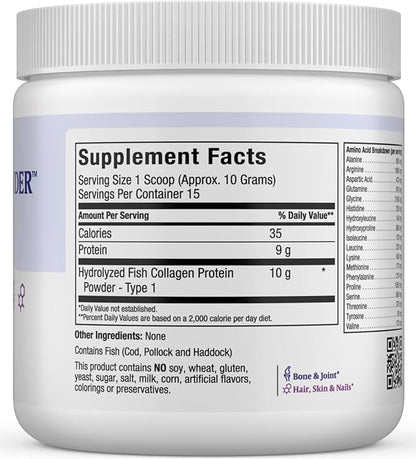 Collagen Powder - Collagen Protein Powder - Marine Collagen Powder for Women and Men - Type I Unflavored Fish Collagen Hydrolyzed Collagen Protein - Healthy Hair Growth and Skin Supplement (5.46 oz)