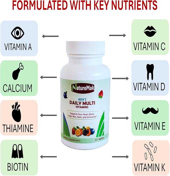 Multivitamin Tablet for Men, Once Daily Multivitamin for Adult, Multimineral Supplement with Lycopene, Vitamins A, D, C, K, and B-Complex. Supports Immunity, Bone, Hair, Skin, 60 Count