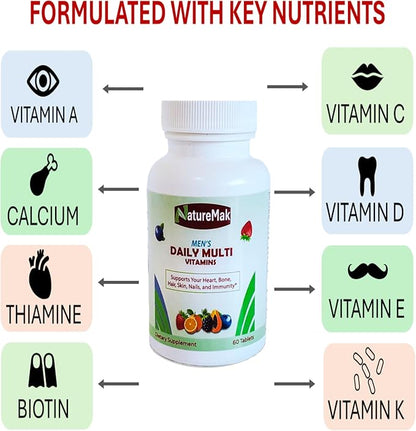 Multivitamin Tablet for Men, Once Daily Multivitamin for Adult, Multimineral Supplement with Lycopene, Vitamins A, D, C, K, and B-Complex. Supports Immunity, Bone, Hair, Skin, 60 Count
