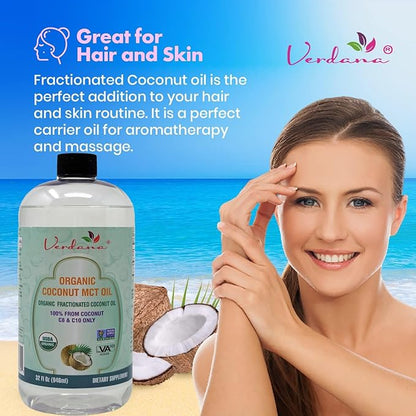 Verdana Organic MCT Oil – 32 Fl Oz Dietary Supplement – 100% Coconut Derived, Fractionated, Food Grade – For Oil Pulling, Keto Coffee, Oral Rinse, Massage & Aromatherapy – Vegan, Non-GMO, Kosher