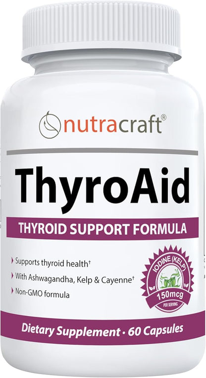ThyroAid #1 Thyroid Support Supplement | Natural Herbal Thyroid Formula with Iodine (Kelp), Ashwagandha, L-Tyrosine & More | Support Thyroid Health & Energy Levels | 60 Capsules