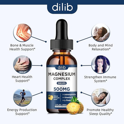Triple Magnesium Complex Supplement-Magnesium Glycinate, Citrate, Malate Liquid Drops 500mg with Ashwagandha, L-Theanine, Vitamin B6 for Calm, Stress Relief, Sleep, Muscle Support-Pineapple Flavor