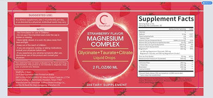Triple Magnesium Complex Liquid Drops, Magnesium Supplement with Magnesium Glycinate, Taurate & Citrate, Calcium, Potassium, Non-GMO, Cranberry Flavor, 2 Fl OZ