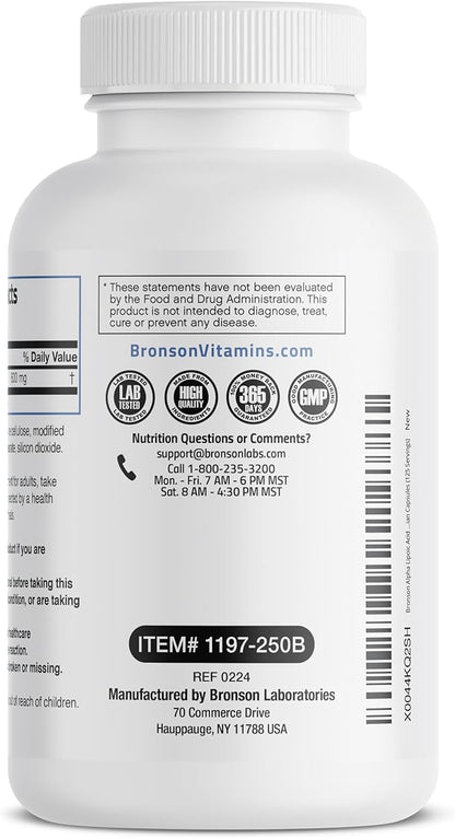 Bronson Alpha Lipoic Acid 600 MG Free Radical Scavenger Supports Health - Non-GMO, 250 Vegetarian Capsules (125 Servings)