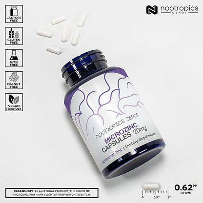 Nootropics Depot MicroZinc Capsules | 20mg | Optimized Zinc Supplement | 30 Count