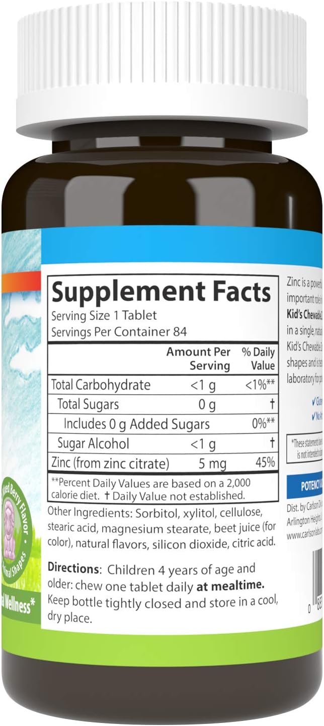 Carlson - Kid's Chewable Zinc, 5 mg, Health Support, Natural Mixed Berry Flavor, 84 Tablets