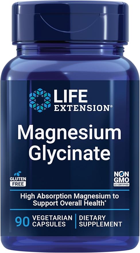 Life Extension Magnesium Glycinate, Heart Health, Bone Health, Nerve and Muscle Support, Highly absorbable, Gluten-Free, Non-GMO, Vegetarian, 90 Capsules