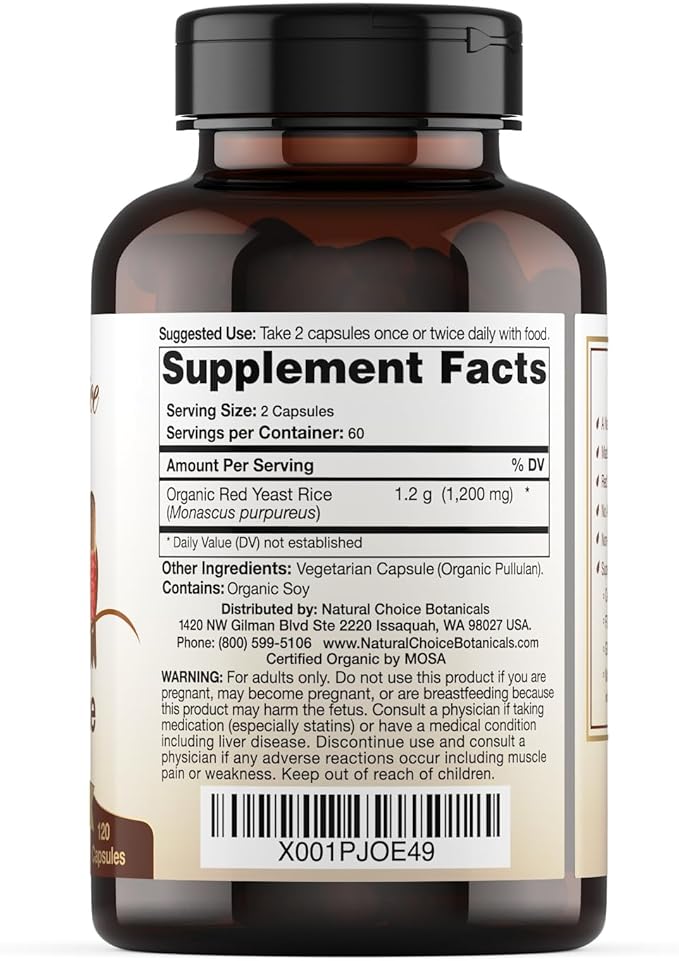 Certified Organic Red Yeast Rice Supplement - 120 Capsules, 2 Month Supply