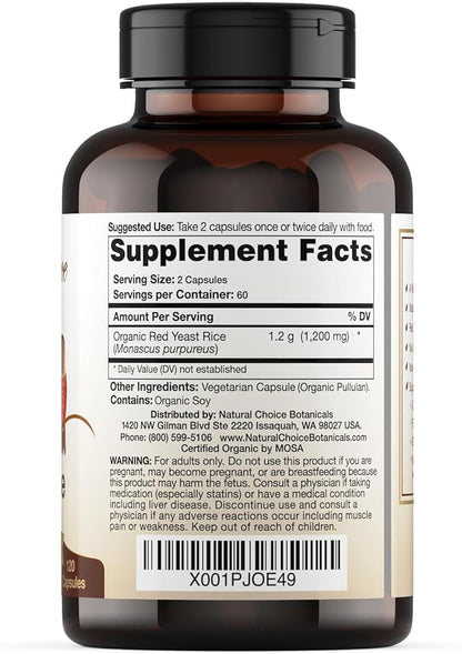 Certified Organic Red Yeast Rice Supplement - 120 Capsules, 2 Month Supply