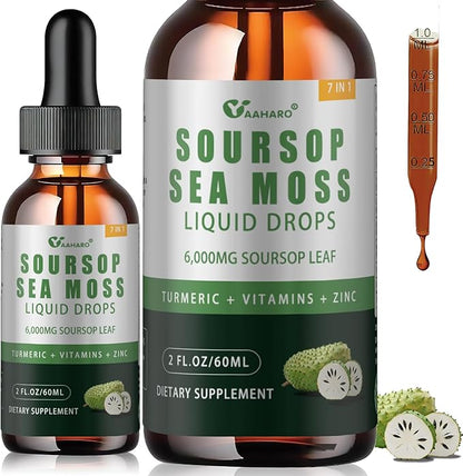 Soursop Graviola Liquid Drops - Organic Soursop Leave Extract with Sea Moss, Vitamin B6&C and Zinc - Soursop Bitters Liquid for Immune Boost, Relax and Sleep - Vegan, Non-GMO, Gluten Free - 2 Fl Oz