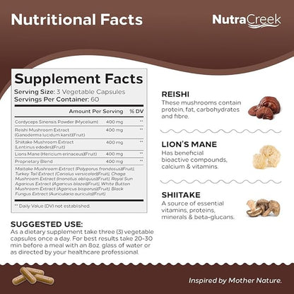 Mushroom Complex | Cordyceps Mushroom, Reishi, Shiitake, Maitake and Lions Mane Supplement. A 10-Mushroom Supplement to Support Your Mind and Body | 180 Mushroom Capsules