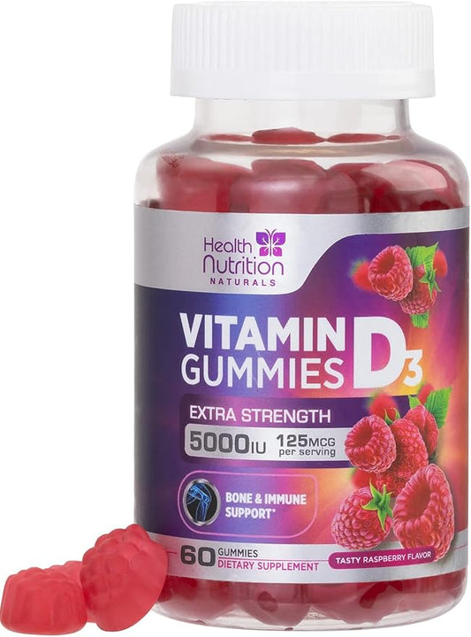 Vitamin D3 Gummies Extra Strength 5000 IU (125 mcg) - Immune Support, Bone, Teeth and Muscle Vitamin D Gummy Dietary Supplement, Nature's Berry Vitamin D Supplement, Raspberry, Non-GMO - 60 Gummies