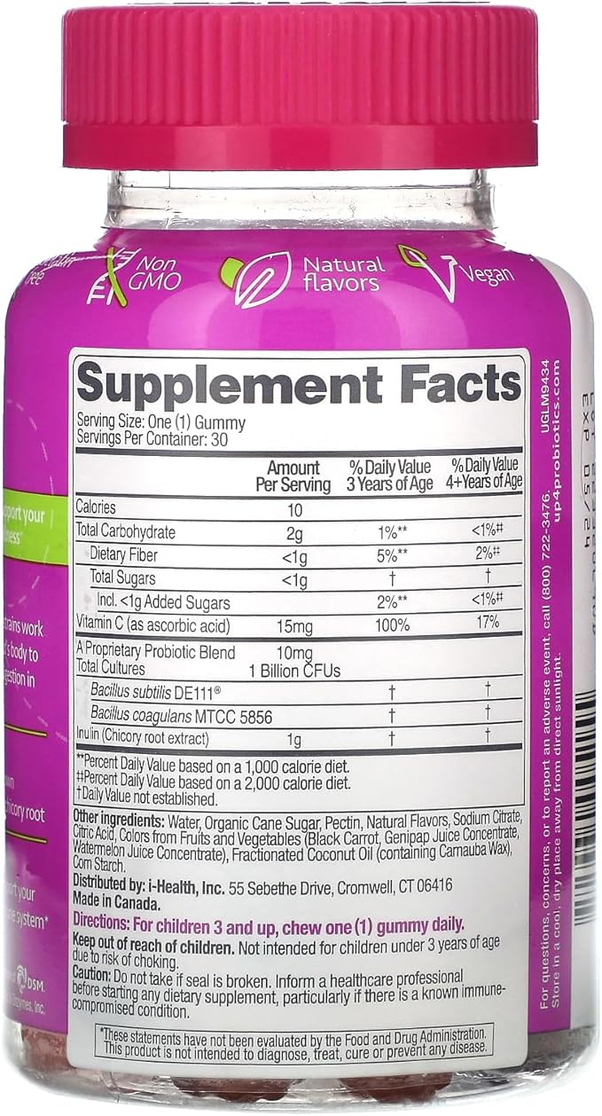 up4 Kids Probiotic Gummies, Digestive and Immune Support with Prebiotics and Vitamin C, Gelatin and Gluten Free, Non-GMO, For Ages 3+, 30 count