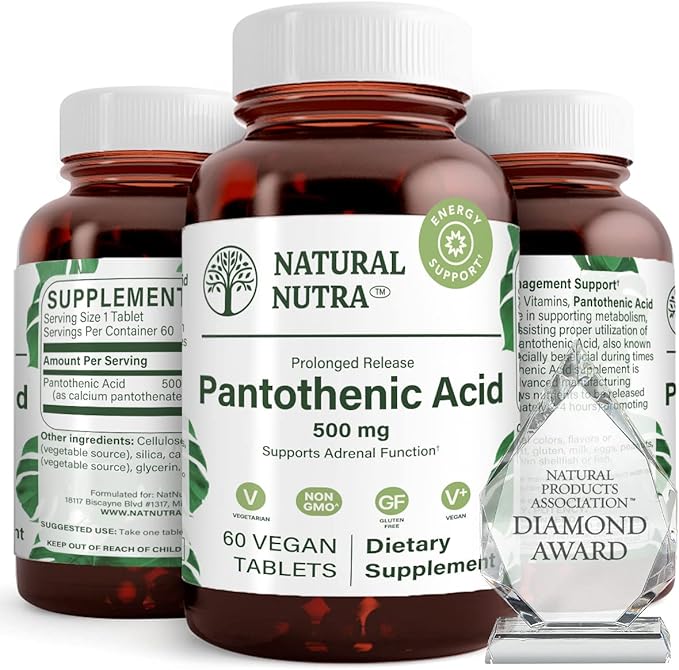 Natural Nutra Time Release Pantothenic Acid 500 mg, Vitamin B5 Supplement Helps Break Down Fat and Carbohydrates, Metabolism and Energy, Improve Muscle Health, Reduce Skin Spots, 60 Vegetarian Tablets
