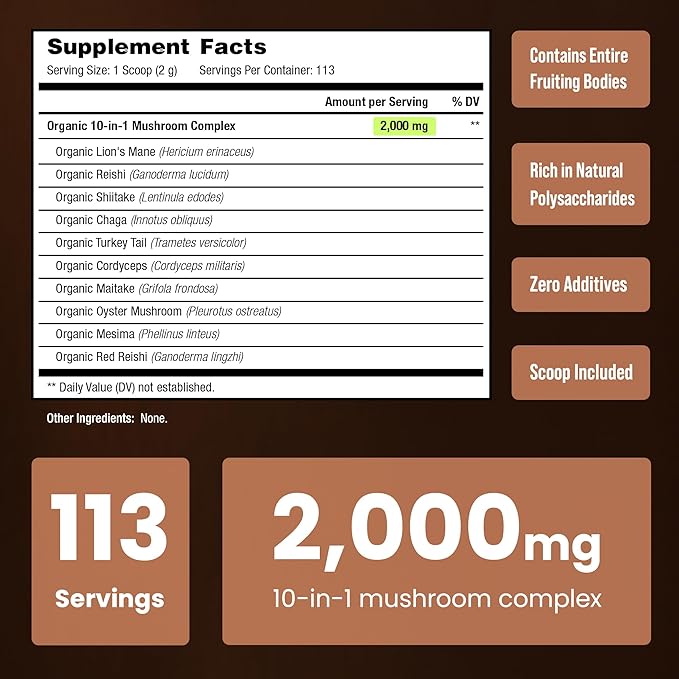 NutraChamps Organic Mushroom Powder - 10-in-1 Complex - Mushroom Supplement Powder Blend for Memory, Focus & Immune Support - 8oz (8.0 OZ, Mushroom Blend)